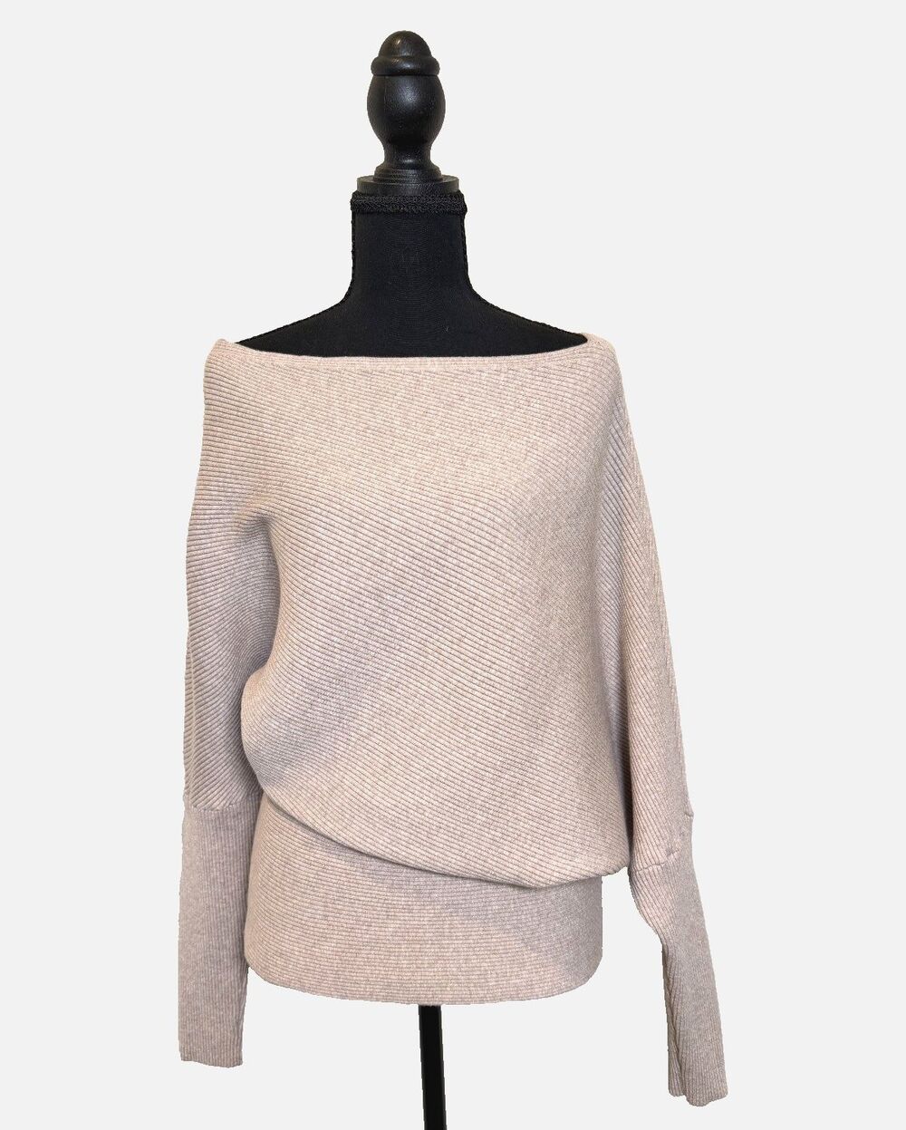 REISS Lorna Sweater in Neutral Women's M Asymmetric Off the Shoulder Ribbed Knit